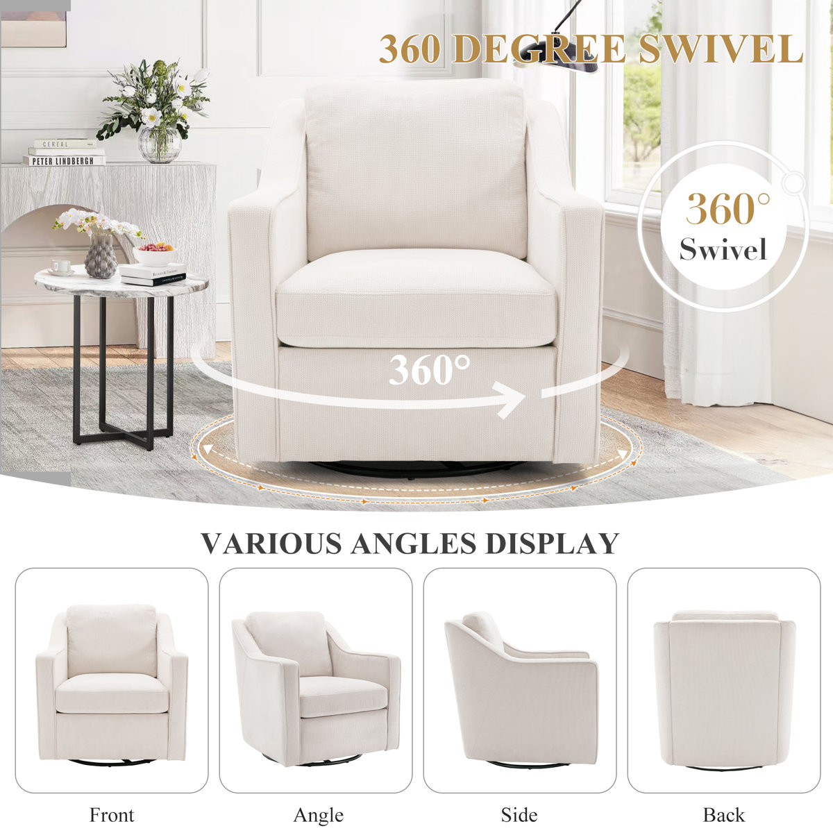 Charitini Big & Tall Removable Wide Swivel Accent Chair, Full Back Upholstered Fabric Lounge Chair, 360° Rotation, Modern Living Room Accent Chair